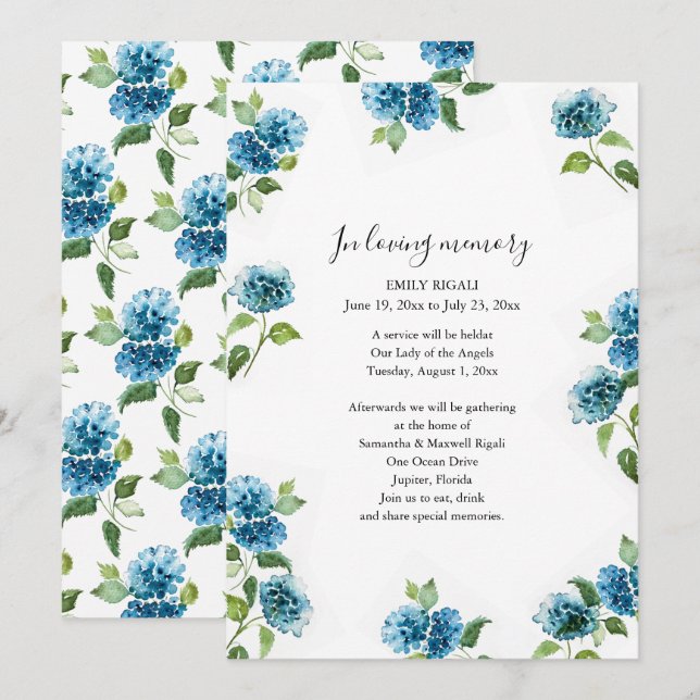 Convites Blue Floral Celebration of Life Invitations (Frente/Verso)