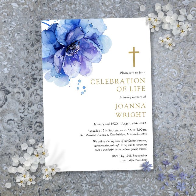 Convites Blue Floral Christian Celebration Of Life Funeral (Blue Floral Christian Celebration Of Life Funeral Invitation)