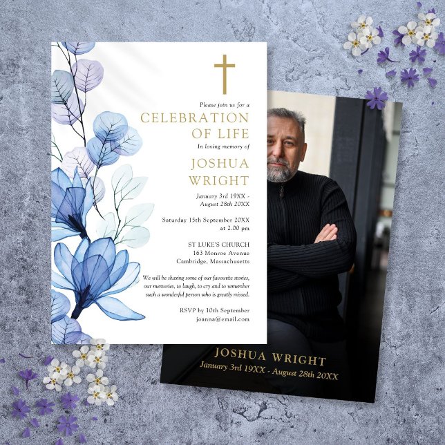 Convites Blue Floral Christian Memorial Foeral Funeral (Blue Floral Christian Memorial Funeral Photo Invitation)