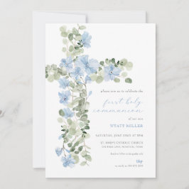 Convites Blue Floral Cross Boy First Sagrado Communite Invi