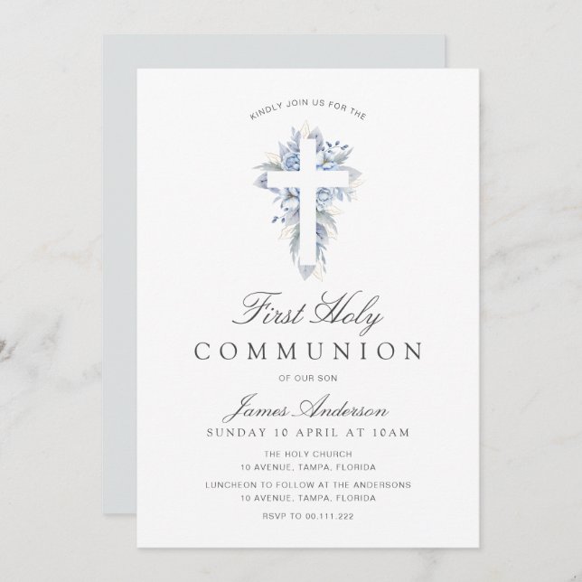 Convites blue floral cross first holy communion invitation (Frente/Verso)
