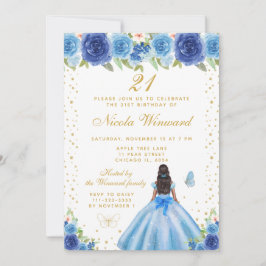 Convites Blue Floral Dark Skin Princess Birthday Party