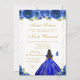 Convites Blue Floral Dark Skin Princess Sweet Sixteen