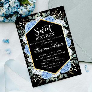 Convites Blue Floral deixa Black Sweet dezesseis e dezessei
