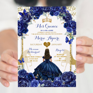 Convites Blue Floral Dourado Horse Princess Quinceañera