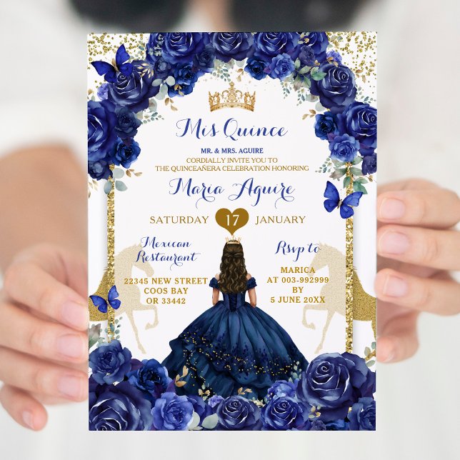 Convites Blue Floral Dourado Horse Princess Quinceañera (Criador carregado)