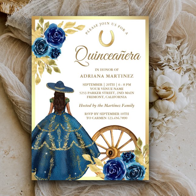 Convites Blue Floral Dress Charro Western Dourado Quinceane (Criador carregado)
