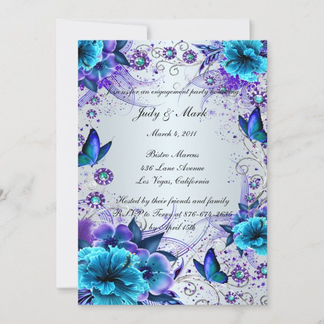 Convites Blue Floral e Butterfly Festa de noivado Invite (Frente)