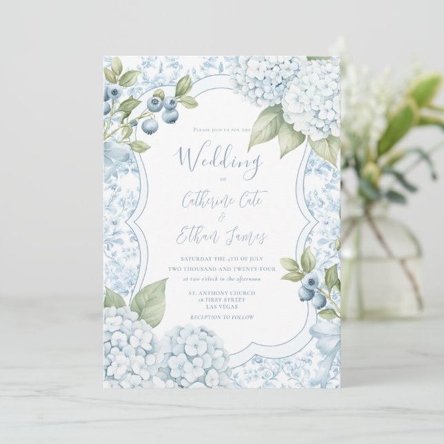 Convites Blue Floral Elegant Blue Hydrangea Wedding  (Em pé/Frente)