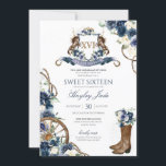 Convites Blue Floral & Elegant Crest Cowgirl Ranch Sweet 16<br><div class="desc">Elegant Rustic Design with a charro/cowboy/ranch theme. Featuring a beautiful crest,  luxe pink and white floral and pretty cowgirl/cowboy boots</div>