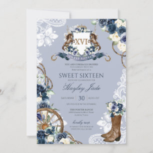 Convites Blue Floral & Elegant Crest Ranch Sweet 16