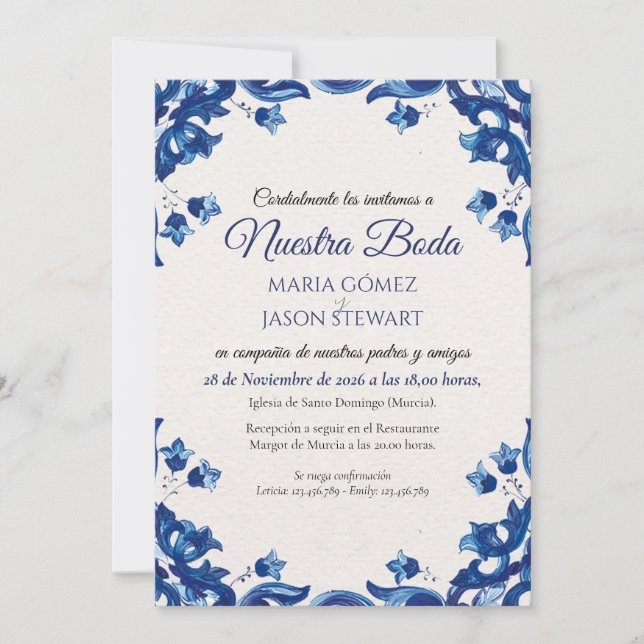 Convites Blue Floral Elegant Fiesta Spanish Wedding (Frente)
