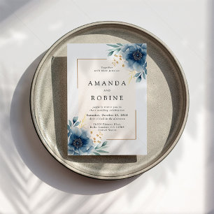 Convites Blue Floral Elegant Modern Wedding