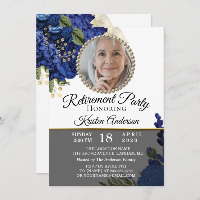 Convites Blue Floral Elegant Photo Retirement Party (Frente/Verso)