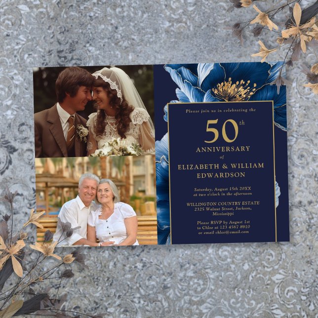 Convites Blue Floral, então, e agora 50 anos 2 Foto (Blue Floral Then And Now 50th Anniversary 2 Photo Invitation)