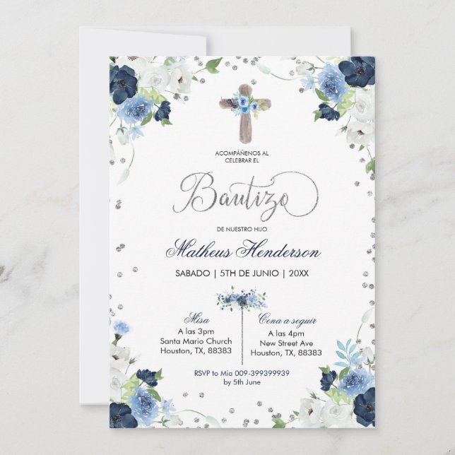 Convites Blue Floral espanhol Bautizo Invitation (Frente)
