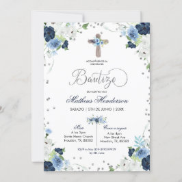 Convites Blue Floral espanhol Bautizo Invitation
