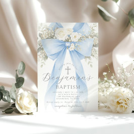 Convites Blue Floral Eucalyptus Bow Boy Baptism
