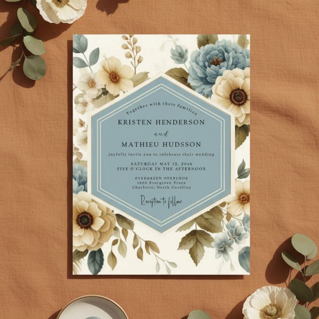 Convites Blue Floral Flourish Wedding (Criador carregado)