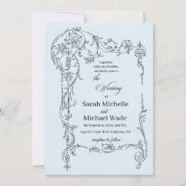 Convites Blue Floral Frame Calligraphy Wedding Invitation