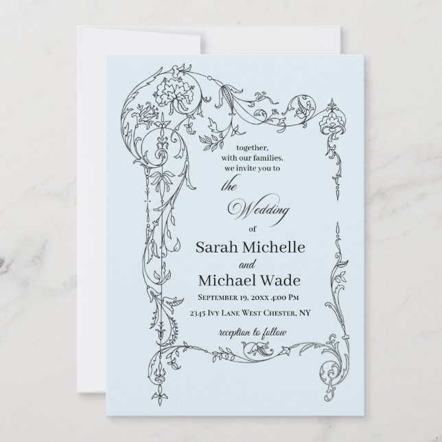 Convites Blue Floral Frame Calligraphy Wedding Invitation (Frente)