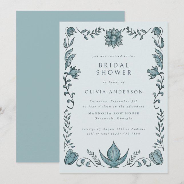 Convites Blue Floral Frame Spring Summer Bridal Shower (Frente/Verso)