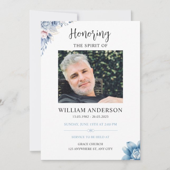 Convites Blue Floral Funeral Invitation Celebration of Life (Frente)