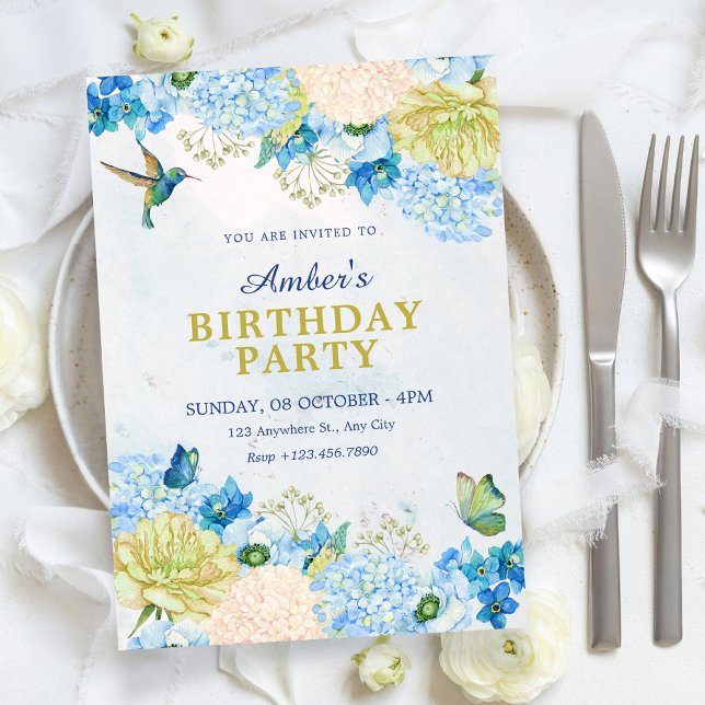 Convites Blue floral garden birthday (Criador carregado)