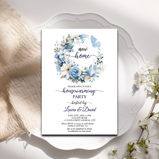 Convites Blue Floral Garland House Party (Criador carregado)