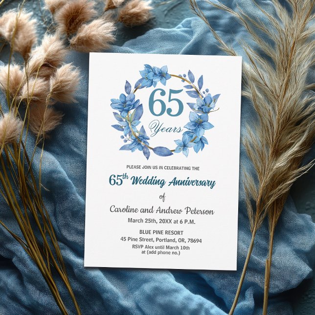 Convites  Blue Floral Gold Frame 65th Wedding Anniversary  (Criador carregado)