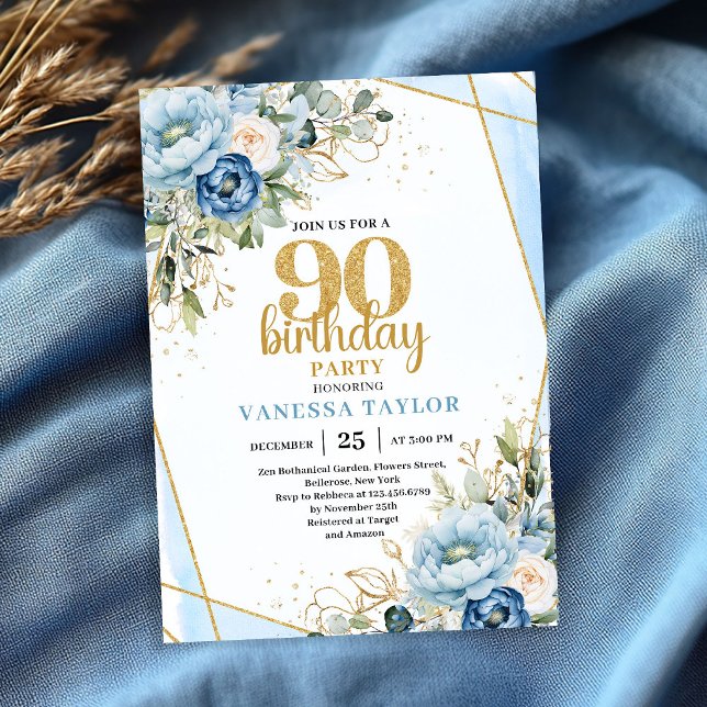Convites Blue Floral Gold Frame Elegant 90th Birthday  (Blue Floral Gold Frame Elegant 90th Birthday Invite)