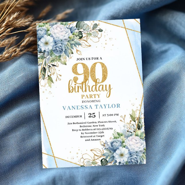 Convites Blue Floral Gold Glitter 90th Birthday Celebration (Blue Floral Gold Glitter 90th Birthday Celebration Invitation

)