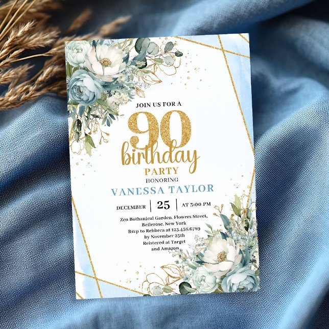Convites Blue Floral Gold Shine 90th Birthday Invite Card (Blue Floral Gold Shine 90th Birthday Invite Card)
