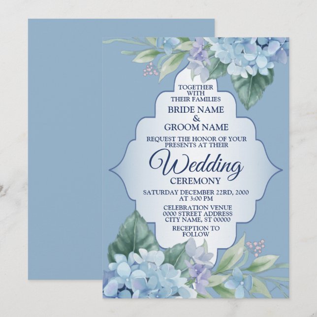 Convites Blue Floral Green Leaves Frame Elegant Wedding (Frente/Verso)