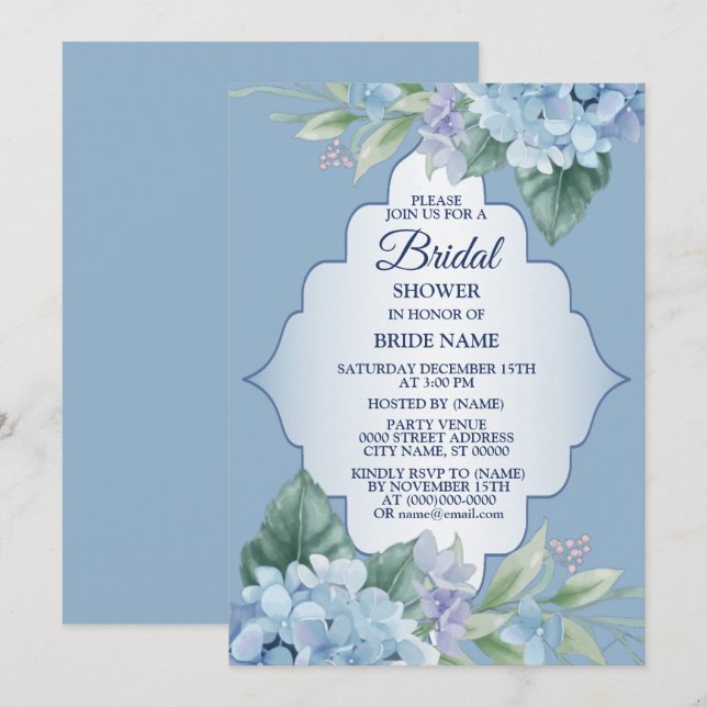 Convites Blue Floral Green Leaves Wedding Bridal Shower (Frente/Verso)