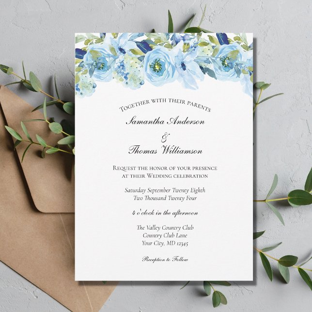 Convites Blue Floral Greenery Elegante Moderno Casamento (Criador carregado)