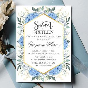 Convites Blue Floral Greenery Sweet Dezesseis 16 Aniversári
