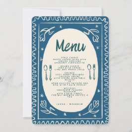 Convites Blue Floral Handwrite Modern Wedding Menu Invi