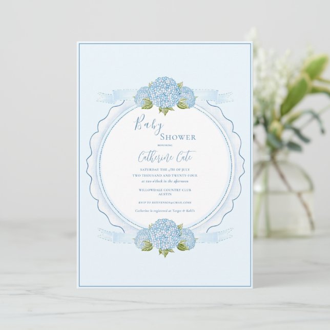Convites Blue Floral Hydrangea Elegant Baby Shower  (Em pé/Frente)