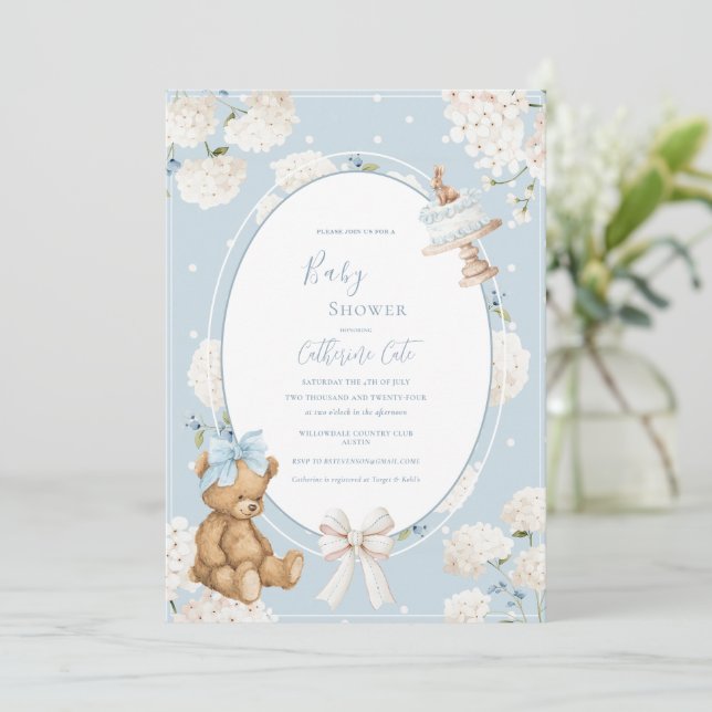 Convites Blue Floral Hydrangea Elegant Bear Baby Shower (Em pé/Frente)
