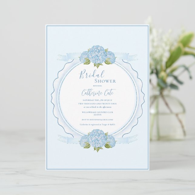 Convites Blue Floral Hydrangea Elegant Bridal Shower  (Em pé/Frente)