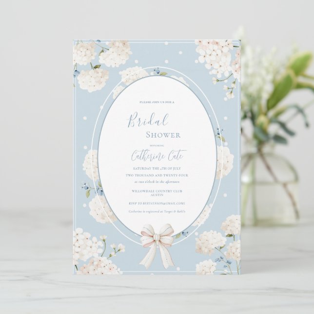 Convites Blue Floral Hydrangea Elegant Bridal Shower (Em pé/Frente)