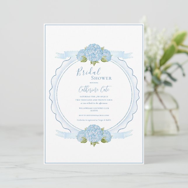 Convites Blue Floral Hydrangea Elegant Bridal Shower  (Em pé/Frente)