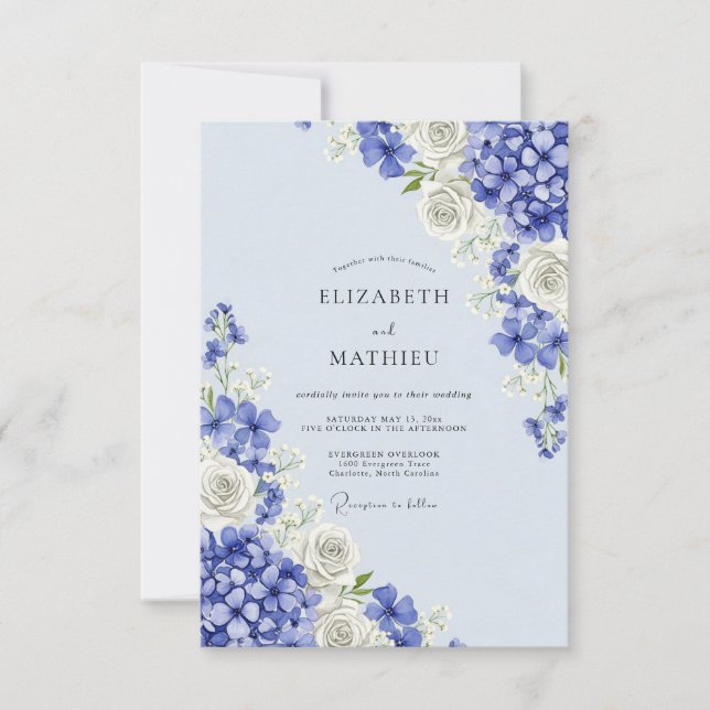 Convites Blue Floral Hydrangea Romance Wedding (Frente)