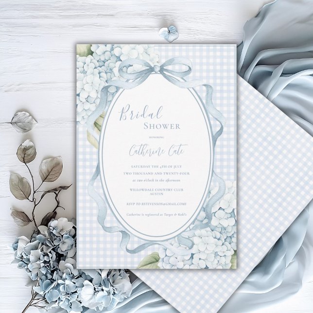 Convites Blue Floral Hydrangeas Gingham Whimsical Bridal (Criador carregado)
