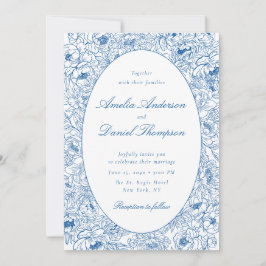 Convites Blue Floral Line Art Wedding Invitation