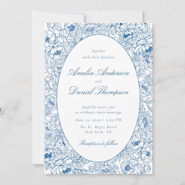 Convites Blue Floral Line Art Wedding Invitation (Frente)