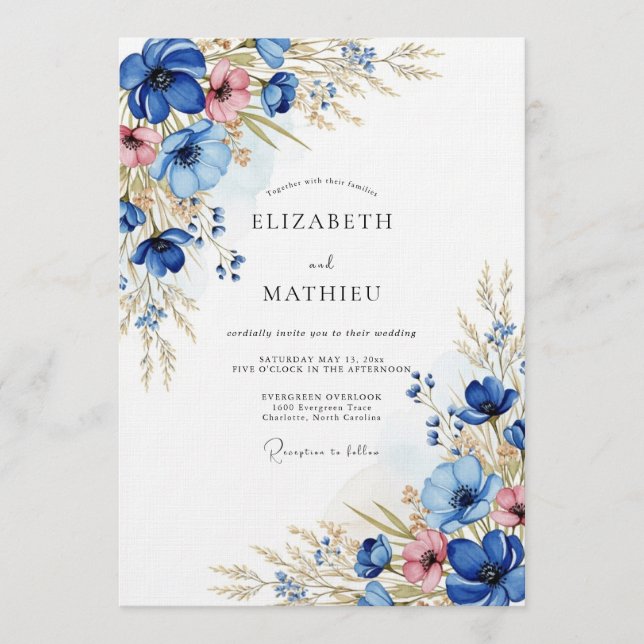 Convites Blue Floral Meadow Wedding (Frente)