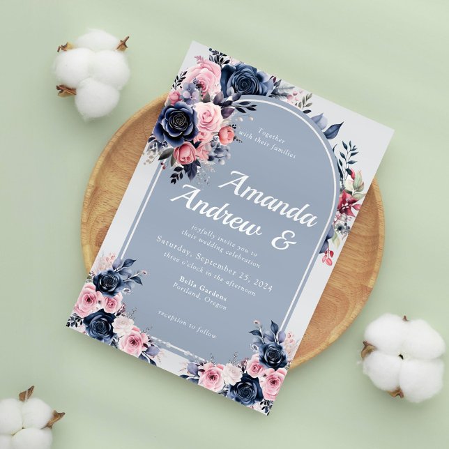 Convites Blue Floral Modern Wedding (Criador carregado)
