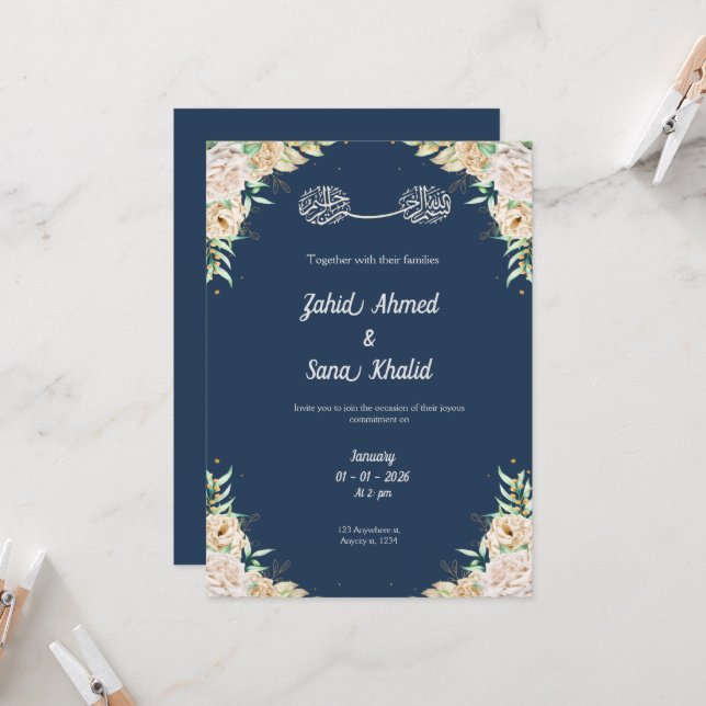 Convites Blue Floral muslim wedding invitation Editable  (Frente/Verso In Situ)